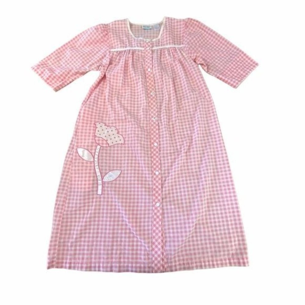 Vintage Kelly Reed Gingham House Dress Muumuu S/M Country Cottage Granny Pink